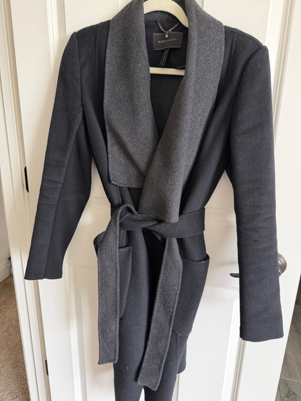 BCBGMaxAzria Black Wrap Trench Coat with Shawl Collar